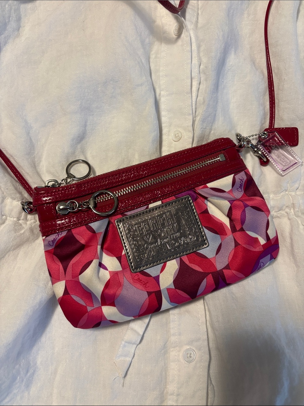 Coach Pink & Red Logo Pattern Crossbody Wristlet